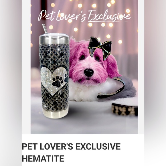 PET LOVER'S EXCLUSIVE HEMATITE TUMBLER WITH MATCHING DOG BOWS - Picture 1 of 5